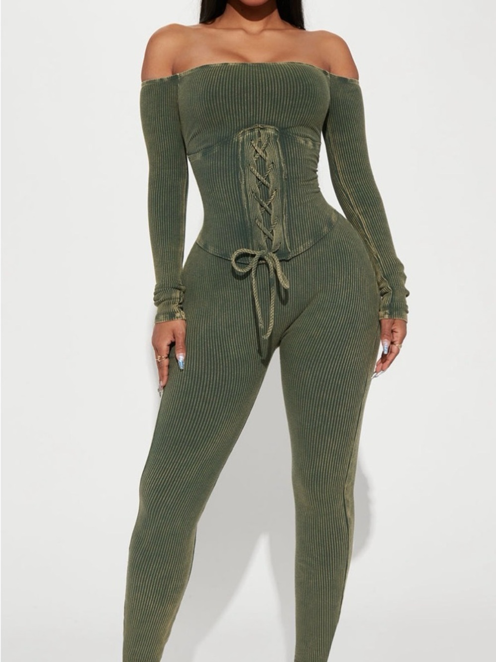 Fashion Nova Olive Green Off-Shoulder Corset Jumpsuit